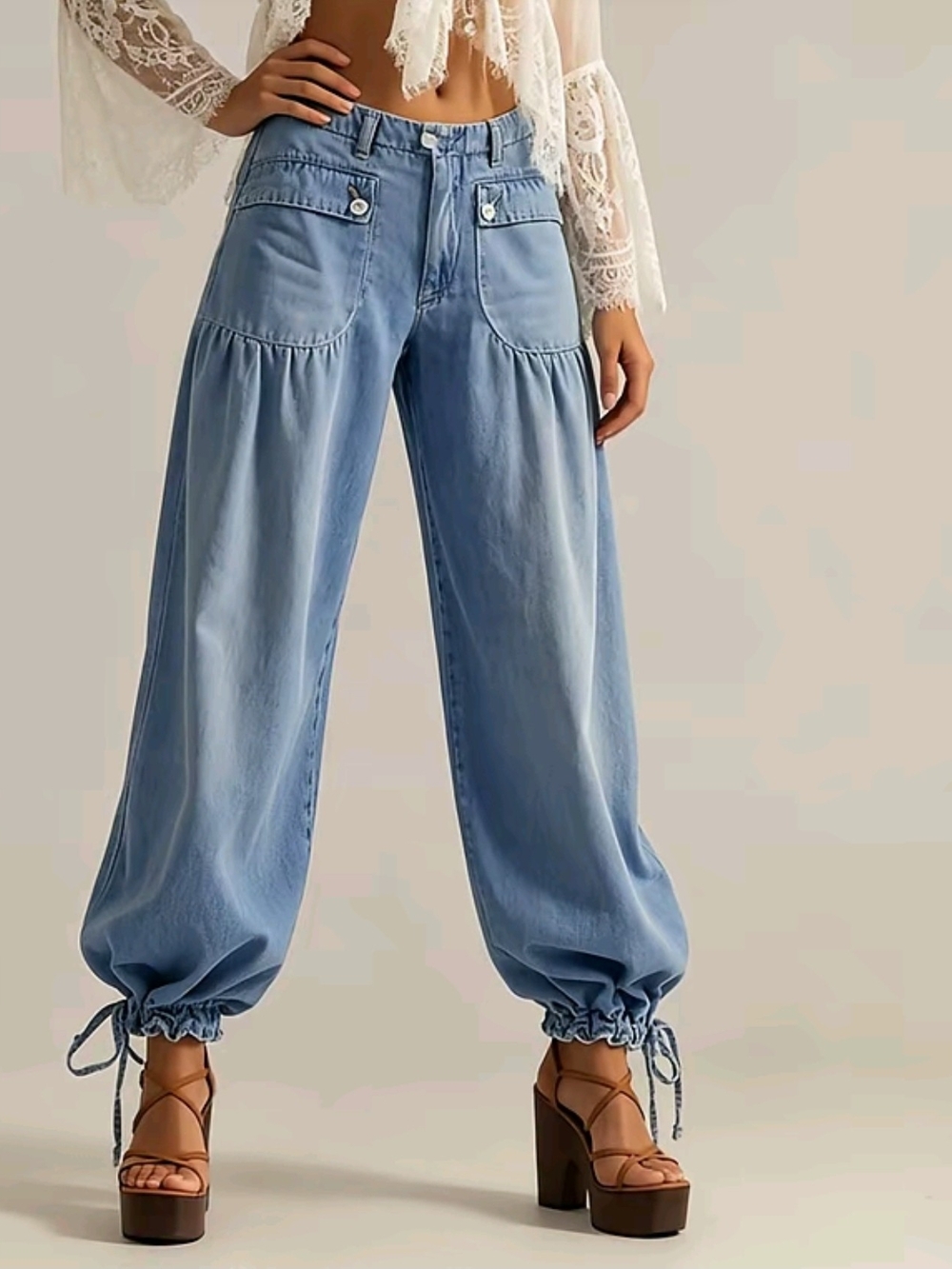 NEW Light Blue Wide-Leg Drawstring Hem Women's Jeans XS